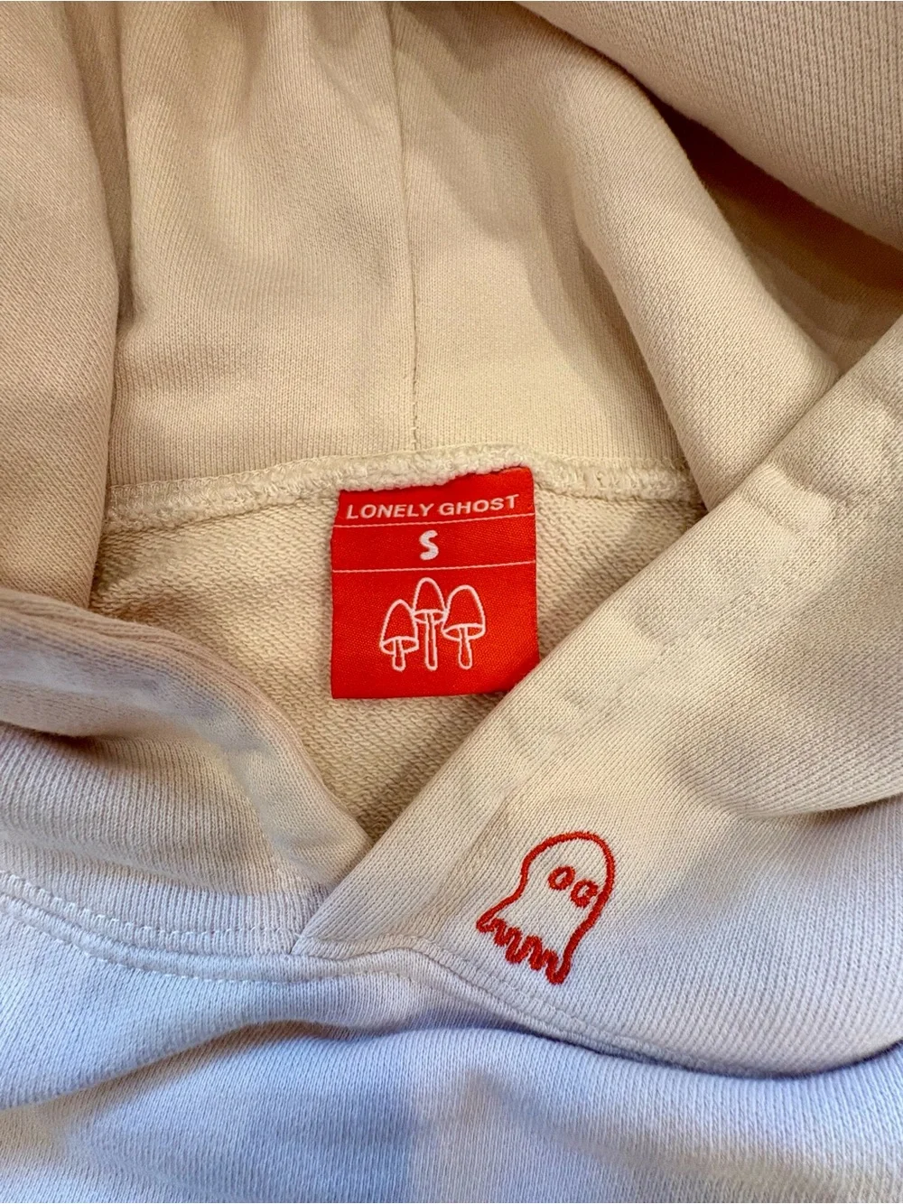 LONELY GHOST Cream Hoodie with Red Ghost Embroidery